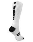 Back view of sock showing black B in arch of foot, chunky black stripes up the back of the calf.
