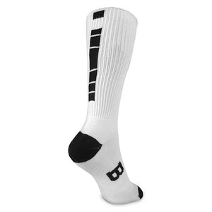 Back view of sock showing black B in arch of foot, chunky black stripes up the back of the calf.