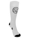 White crew sock with black heel and toe. Black B in arch of foot, polar bear medallion on shin.