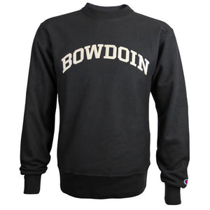 Black crewneck sweatshirt with ivory felt BOWDOIN sewn on the chest. Small red, white, and blue Champion C logo embroidered above the left wrist.
