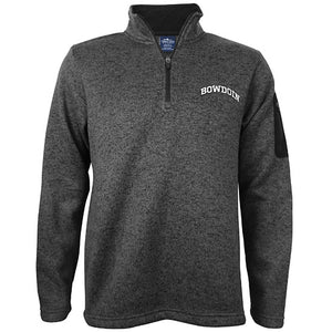 Charcoal heathered fleece 1/4-zip pullover with white embroidered arched BOWDOIN on left chest and zippered black patch pocket on upper left sleeve.