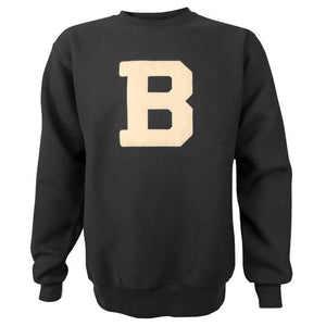 A black crewneck pullover sweatshirt with a large Bowdoin B embroidered on the chest in ivory felt.