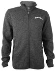 Men's charcoal heather fleece full zip with arched BOWDOIN embroidery on left chest.