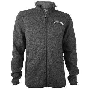 Men's charcoal heather fleece full zip with arched BOWDOIN embroidery on left chest.