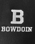 Closeup of black sweatshirt showing the high quality embroidery of the Bowdoin B embroidered over the word BOWDOIN in white.