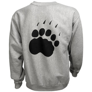 Back of gray crewneck sweatshirt showing large black paw imprint.