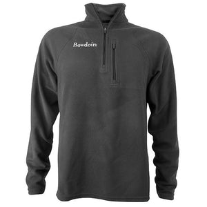 Black fleece 1/4 zip pullover with zippered chest pocket on left chest and embroidered white Bowdoin wordmark on right chest.
