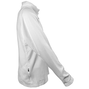 Right side view of white pullover showing zippered side pocket.