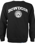 Black crewneck sweatshirt with embroidered white BOWDOIN arched over embroidered mascot medallion.