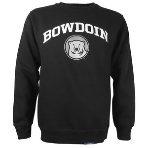 Black crewneck sweatshirt with embroidered white BOWDOIN arched over embroidered mascot medallion.