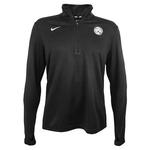 Black performance 1/4 zip pullover with white Nike Swoosh on right chest and white embroidered polar bear medallion on left chest.