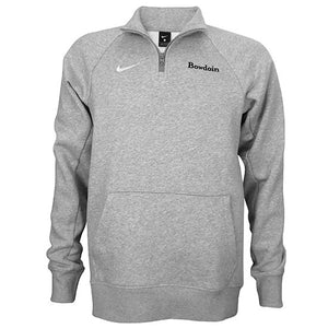 Heather grey 1/4-zip pullover with front pouch pocket, white Nike Swoosh embroidered on right chest, black BOWDOIN wordmark embroidered on left chest.