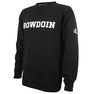 Black crew sweatshirt with white BOWDOIN on chest and white Adidas logo on left arm.
