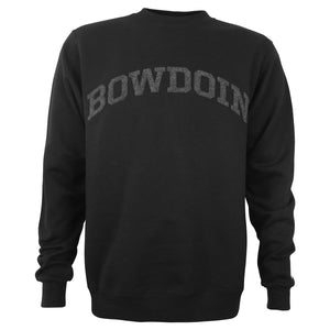 Black fleece pullover crewneck sweatshirt with woolly charcoal appliqué of arched BOWDOIN on chest