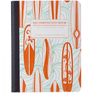 Tapebound Decomposition Book with cover imprint of surfboards in orange and green.