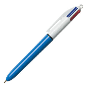Retractable pen with blue barrel and white clip.