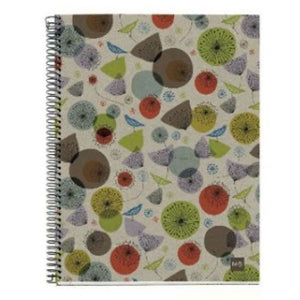 Spiral Notebook with cardboard cover printed with abstract birds and flowers.