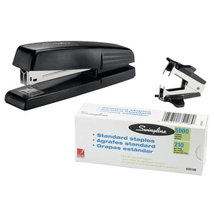 Black stapler with staple removing tool and box of staples.