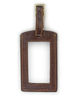 Reverse view of brown luggage tag showing window for contact information.