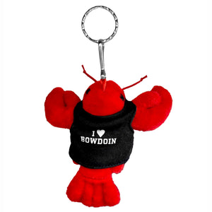 Plush red lobster key tag with black t-shirt with white I Heart Bowdoin imprint.