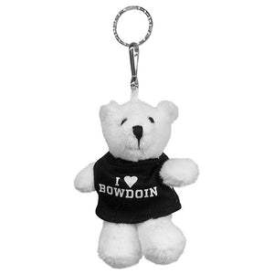 Plush polar bear key tag with black t-shirt with white I Heart Bowdoin imprint.