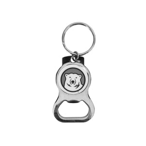 Metal bottle opener key ring with Bowdoin mascot medallion