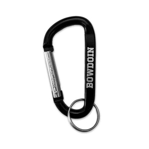 Black anodized carabiner key tag with silver BOWDOIN imprint and split ring. 