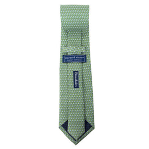 Back view of a mint green silk tie with an all-over imprint of the Hyde Plaza polar bear showing Vineyard Vines label and Bowdoin wordmark.