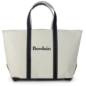 Large sized canvas tote bag with black handles and bottom, and the word BOWDOIN embroidered in black between the handles.