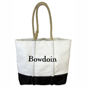 White tote bag with black bottom and natural rope handle. Black BOWDOIN wordmark imprint on front.