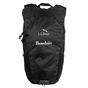 Small black backpack with embroidered BOWDOIN under L.L.Bean logo in white.