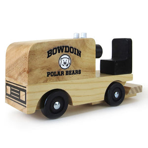 Wooden ice resurfacer with imprint of BOWDOIN arched over a mascot medallion over POLAR BEARS.