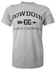 Heather gray short sleeved T-shirt with BOWDOIN arched over the letters CC pierced with an arrow and the words CROSS COUNTRY underneath.