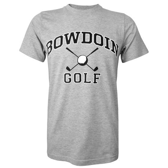 Heather gray short sleeved T-shirt with BOWDOIN arched over crossed golf sticks with a golf ball over the cross and the word GOLF underneath.