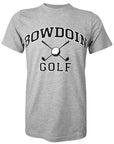 Heather gray short sleeved T-shirt with BOWDOIN arched over crossed golf sticks with a golf ball over the cross and the word GOLF underneath.