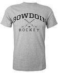 Heather gray short sleeved T-shirt with BOWDOIN arched over crossed hockey sticks with a hockey puck under the cross and the word HOCKEY underneath.
