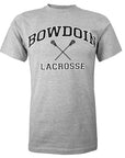 Heather gray short sleeved T-shirt with BOWDOIN arched over crossed lacrosse sticks and the word LACROSSE underneath.