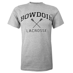 Heather gray short sleeved T-shirt with BOWDOIN arched over crossed lacrosse sticks and the word LACROSSE underneath.