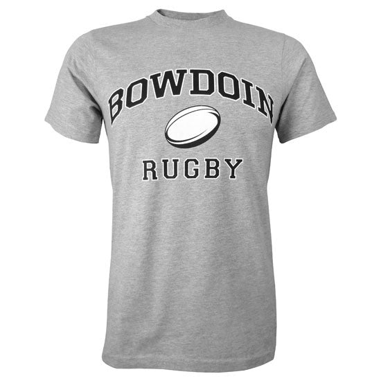 Heather gray short sleeved T-shirt with BOWDOIN arched over a rugby ball and the word RUGBY underneath.