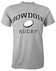 Heather gray short sleeved T-shirt with BOWDOIN arched over a rugby ball and the word RUGBY underneath.