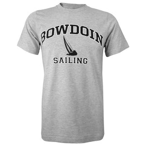 Heather gray short sleeved T-shirt with BOWDOIN arched over the silhouette of a sailboat with the word SAILING underneath.