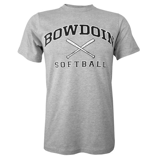 Heather gray short sleeved T-shirt with BOWDOIN arched over crossed softball bats and the word SOFTBALL underneath.