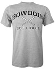 Heather gray short sleeved T-shirt with BOWDOIN arched over crossed softball bats and the word SOFTBALL underneath.