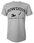 Heather gray short sleeved T-shirt with BOWDOIN arched over an icon of a swimmer and an icon of a diver with the words SWIMMING & DIVING underneath.