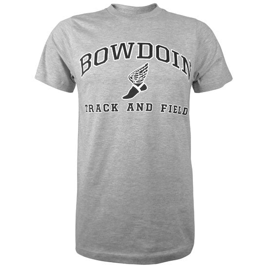 Heather gray short sleeved T-shirt with BOWDOIN arched over an icon of a foot with wings and the words TRACK AND FIELD underneath.