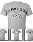 Montage of four different Bowdoin sports tees: hockey, field hockey, basketball, and football.