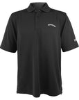 Black short-sleeved polo shirt with arched BOWDOIN embroidery on left chest.