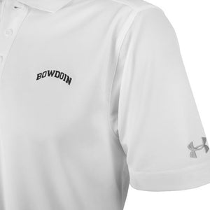 Closeup of white polo shirt showing black arched BOWDOIN embroidery on chest and silver UA logo on left sleeve.