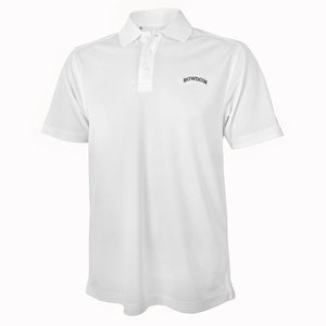 White short-sleeved polo shirt with arched BOWDOIN embroidery on left chest.