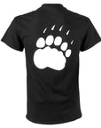 The back of a black short-sleeved T-shirt with a large white polar bear paw imprint.